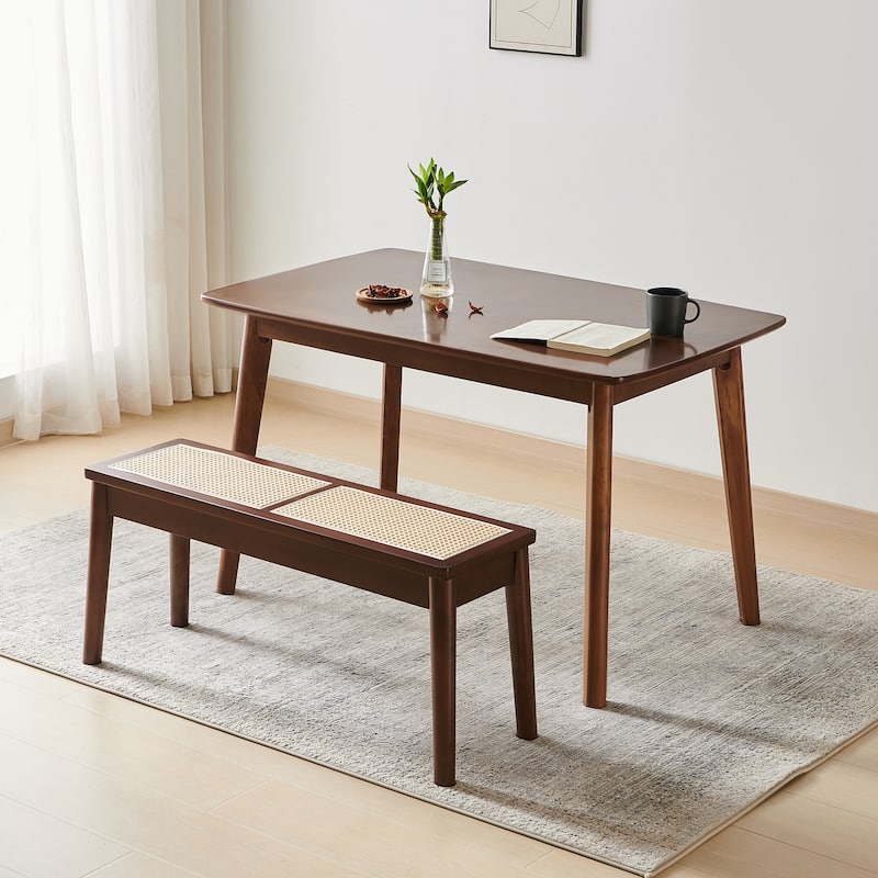 40 x 12 "Wooden Bench, Walnut Color, Hand Woven Cane Seat, Solid Wood Bench for Entrance, Living Room, Kitchen and Dining Room