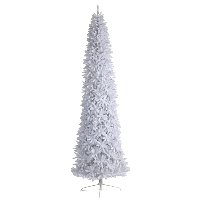12’ Pre-Lit Slim White Artificial Christmas Tree, Warm Clear LED Lights - over-10-feet