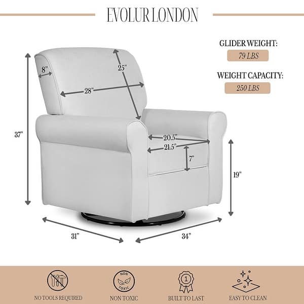 dimension image slide 1 of 5, Evolur London Upholstered Plush Seating Glider Swivel, Ergonomically Designed for Nursery