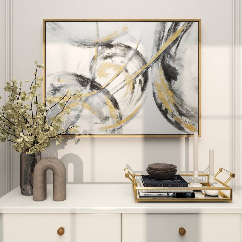Canvas Abstract Living Room Framed Wall Art with Gold Frame - Gold - Roche River Decor