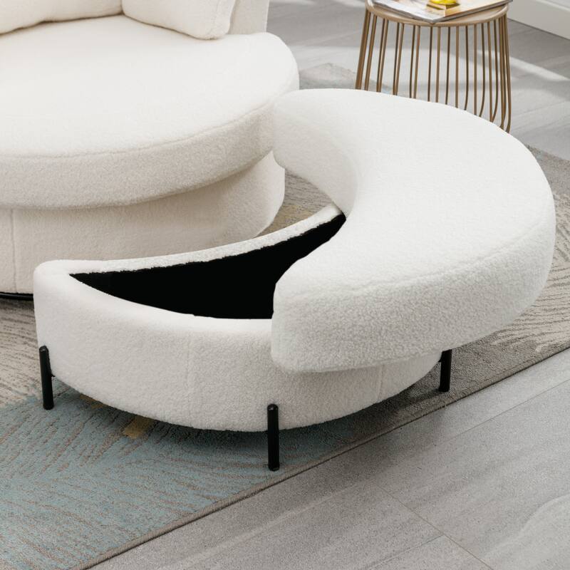32.7" W Sherpa Upholstered Half Crescent Moon Storage Bench Large Ottoman With Tray Serve As Side Table Soft Padded Seat