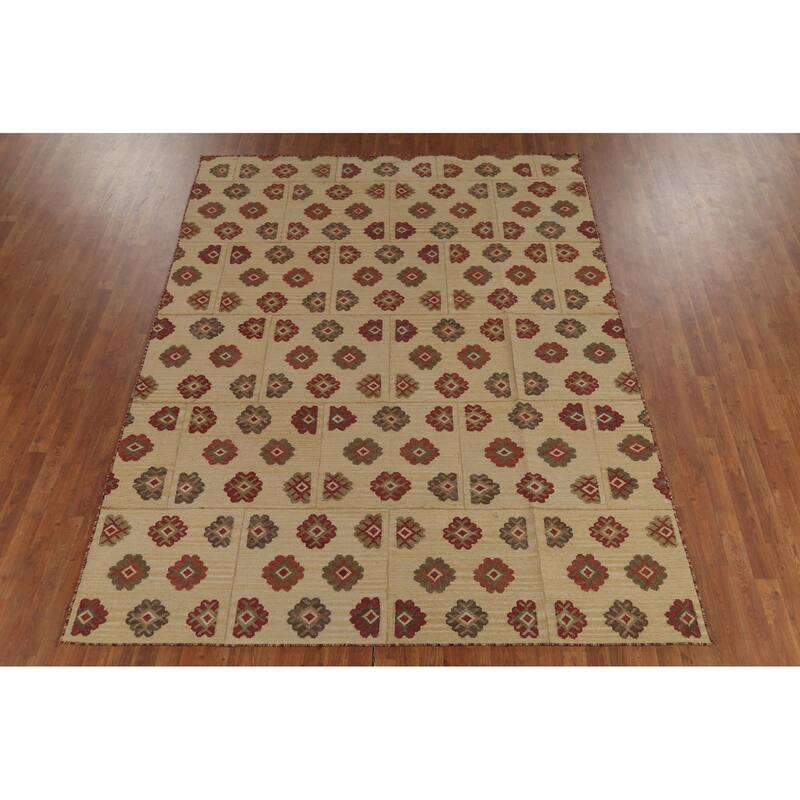 Kilim Oriental Area Rug Hand-Woven Beige Wool Carpet - 7'6"x 9'10"