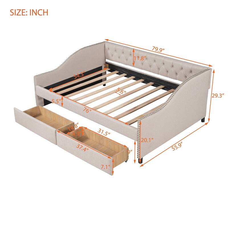 Full Linen Daybed with Drawers & Button Tufted Back