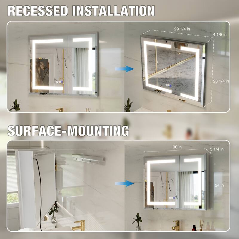30-48'' W x 24'' H Surface or Recessed LED Bathroom Medicine Cabinet With Mirror,Defog & Quiet Hinges