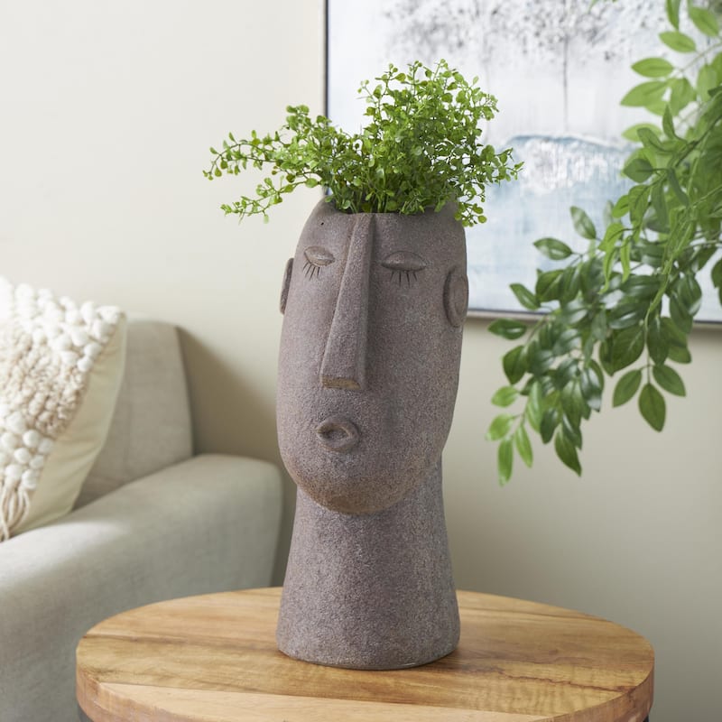 Brown Magnesium Oxide Textured Easter Island Head Woman Indoor Outdoor Planter - 9"W x 6"L x 17"H
