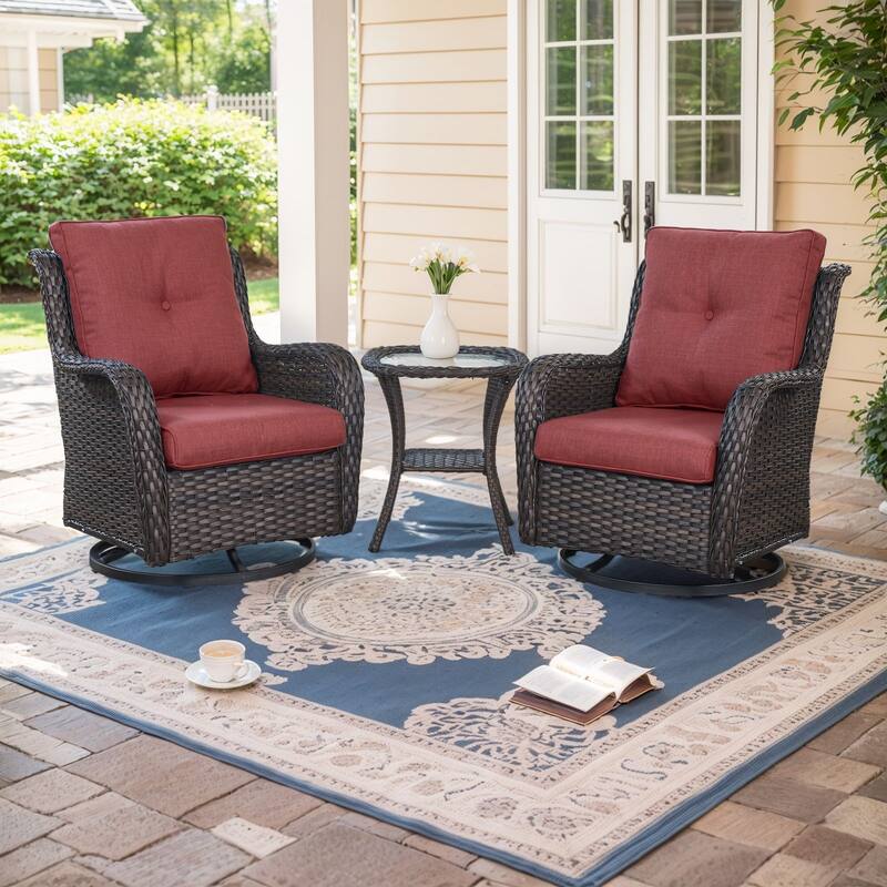 Pocassy Outdoor Glider Chairs Table with 4Inch 5Inch 6Inch Cushion - Brown Wicker Red Cushion - 3PCS Swivel Chair Table with 4 Inch Cushion