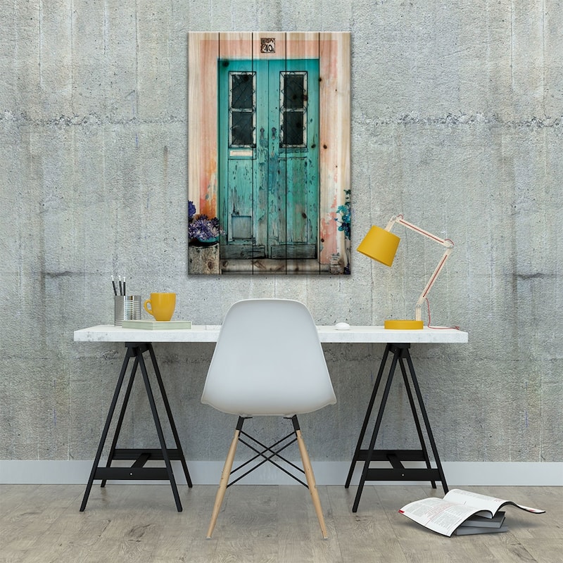 Old Turquoise Door Print On Wood by Philippe Hugonnard - Multi-Color