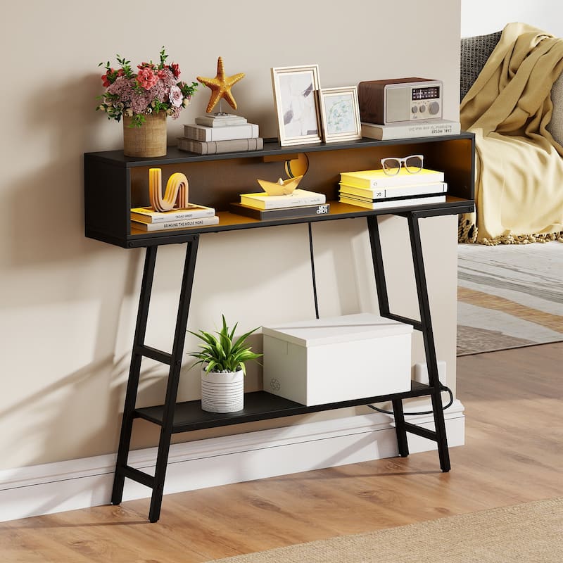 Gymax 40'' Console Table w/ Power Strip 3-Tier Entryway Table w/ RGB