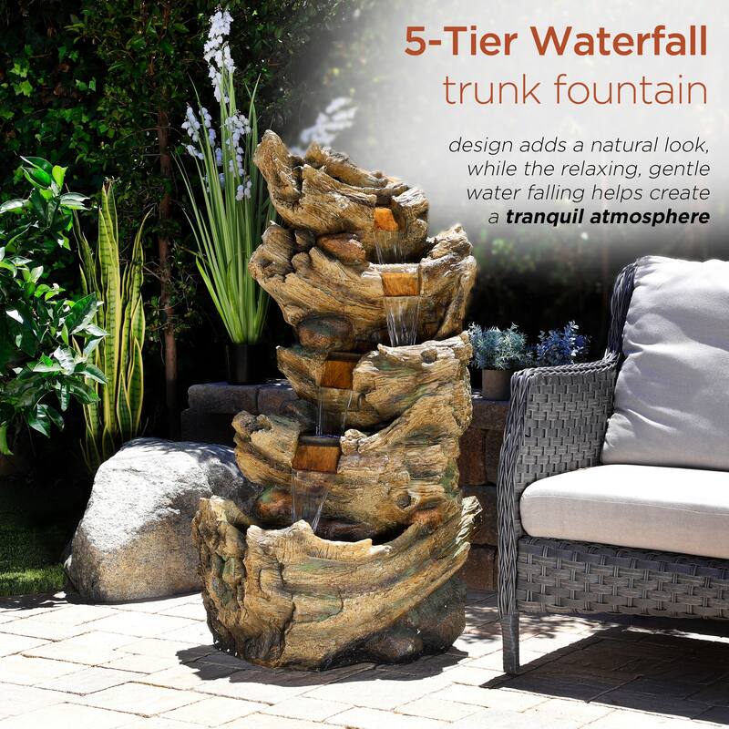 Alpine Corporation 47" Tall Outdoor 5-Tier Tree Trunk Waterfall Floor Fountain with LED Lights