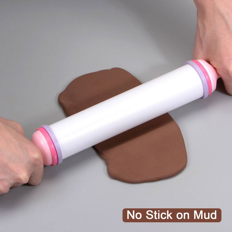 Rolling Pin with Silicone Baking Pastry Mat 43cm x 4.3cm for Baking - Silver, Red
