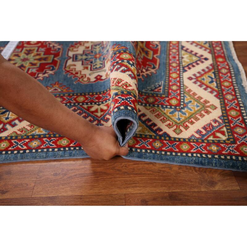 Blue Kazak Foyer Rug Hand-Knotted Traditional Wool Carpet - 3'5" x 4'9"