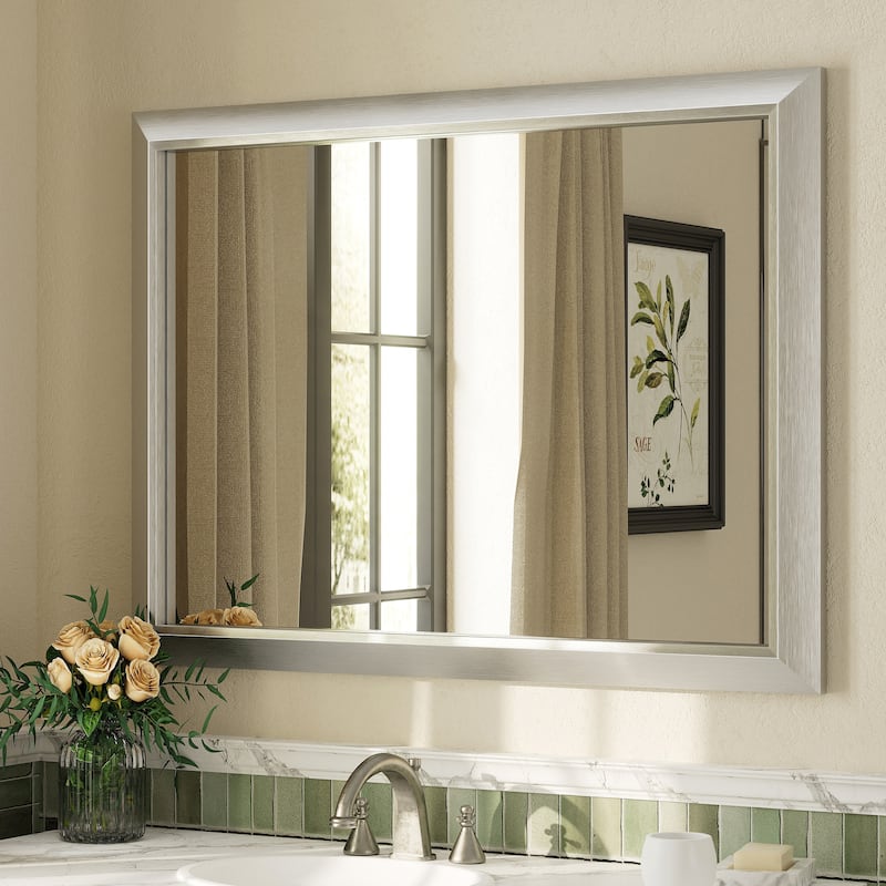 Beveled Metal Rectangle Framed Bathroom Vanity Tempered Glass Mirrors - 40" x 30" - Silver