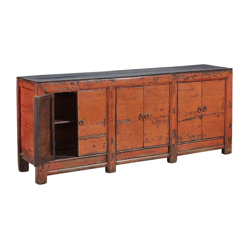 Antique 81-inch Amber Sideboard in Distressed Pine, Orange & Black