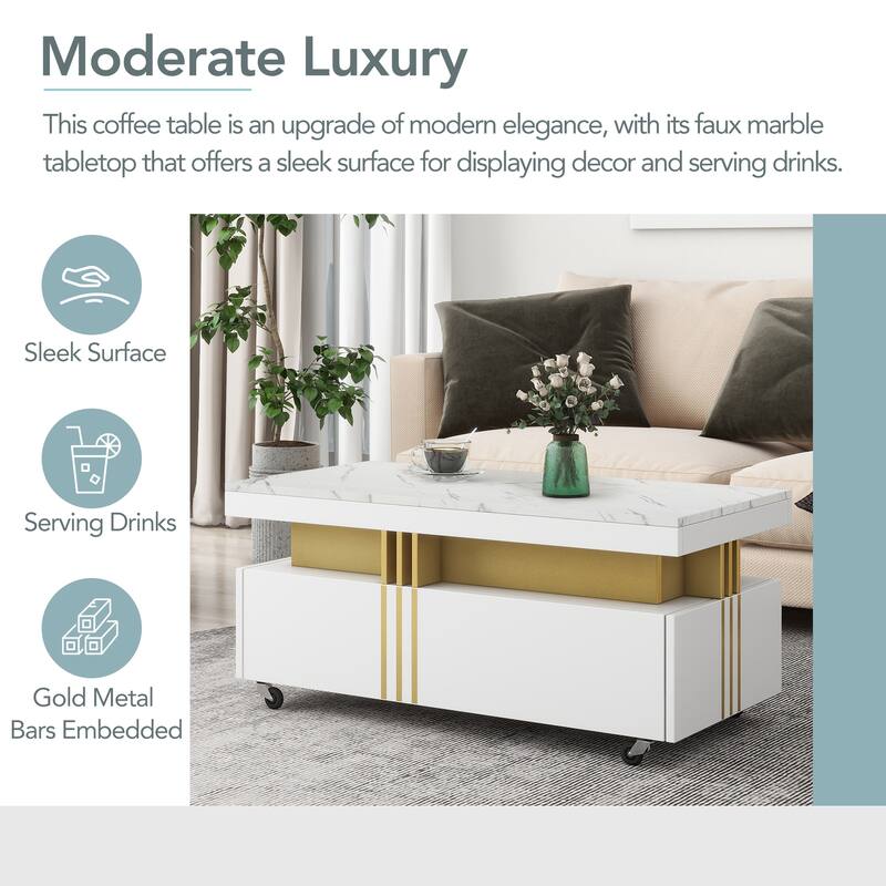 Coffee Table with 2 Storage Drawers, Rectangle Cocktail Table Center Table with Caster Wheel for living Rooms, Offices, Lounges