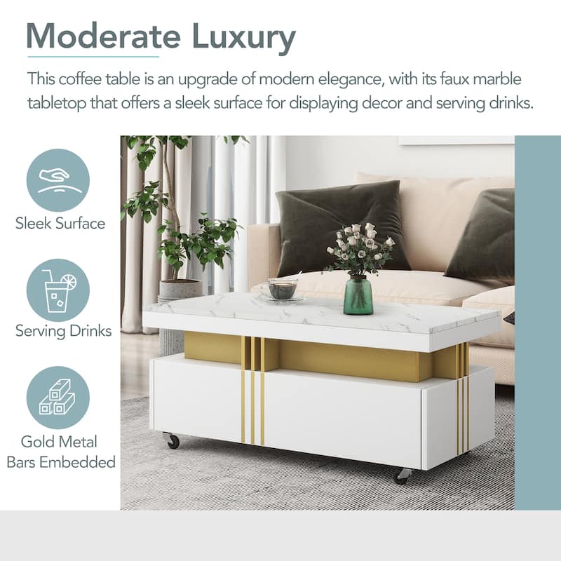 Roomfitters Rectangle Coffee Table with Faux Marble Top, Modern Center Table with Gold Metal Frame and Wheels