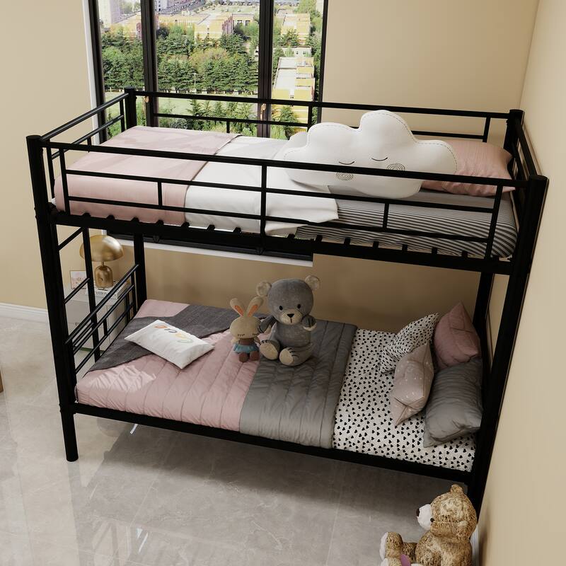 Convertible Twin Over Twin Metal Bunk Bed with Ladders & Guardrail for Kids, No Spring Box Required