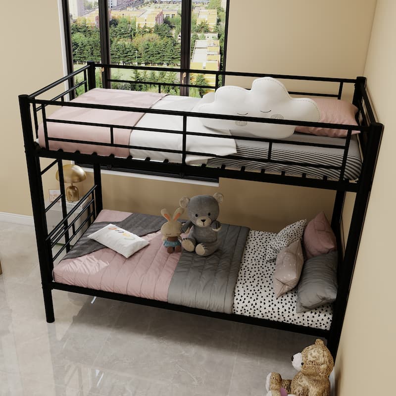 Roomfitters Twin Over Twin Metal Bunk Bed for Kids Boys Girls, Metal Structure Bedframe with Ladders & Guardrail - Black