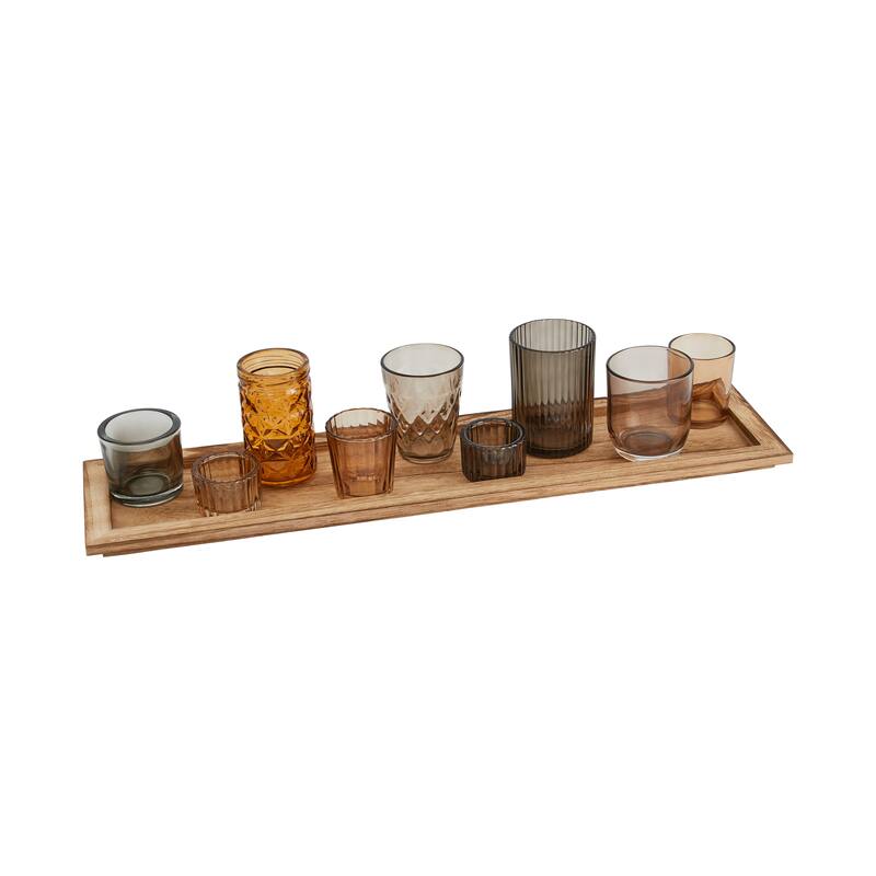 Wood Tray with 9 Blue & Green Glass Votive Holders