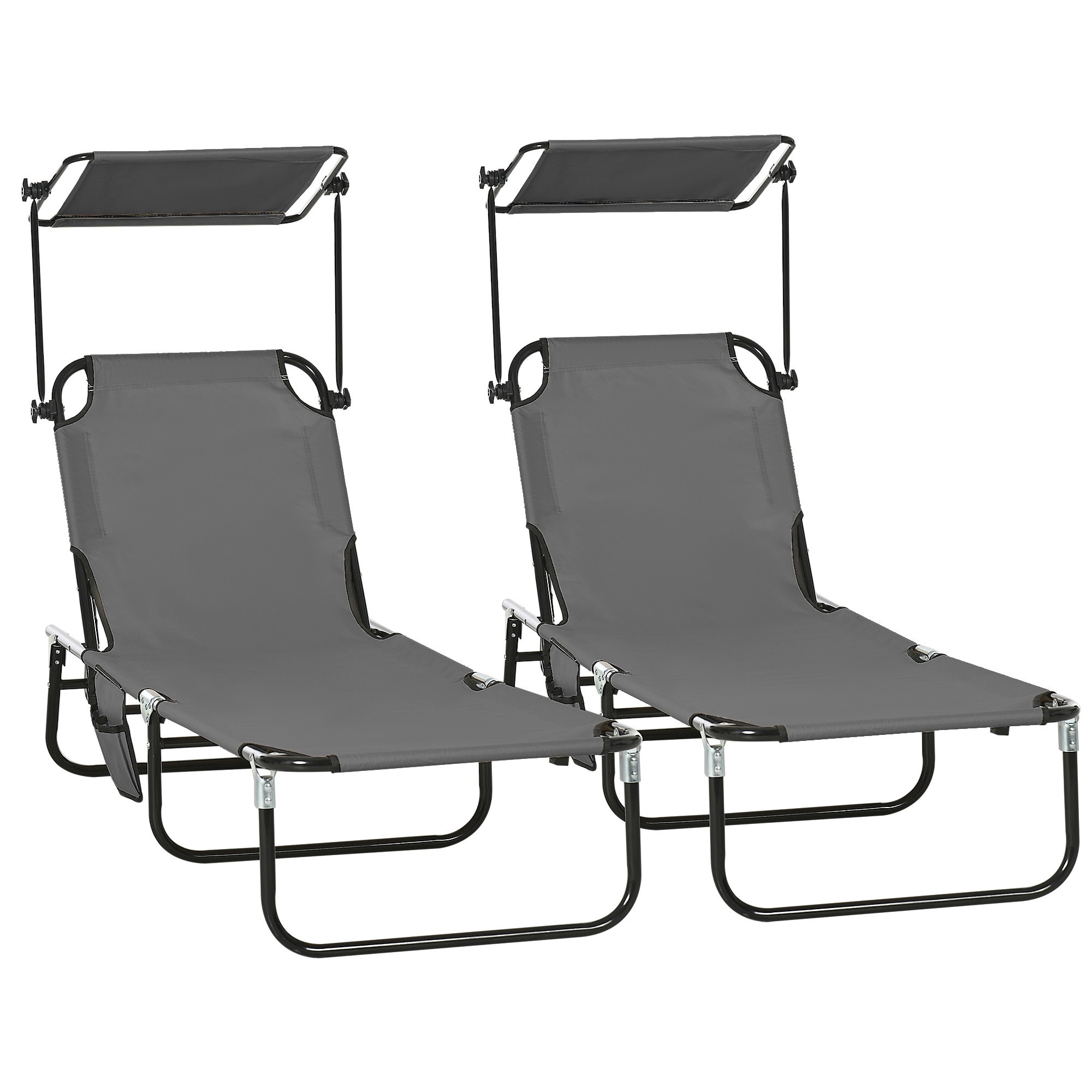 Outdoor Folding Recliner with Side Pocket and Awning