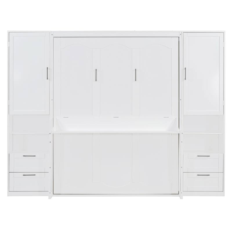 Queen Size Murphy Bed Hidden Wall Bed with Both Sides Closet Drawers and Storage Shelves, Space-Saving Versatile Murphy Bed