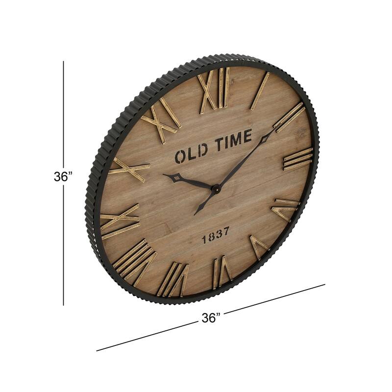 Wooden Wall Clock with Gold Accents - Brown - Roche River Decor - 3"W x 36"L x 36"H