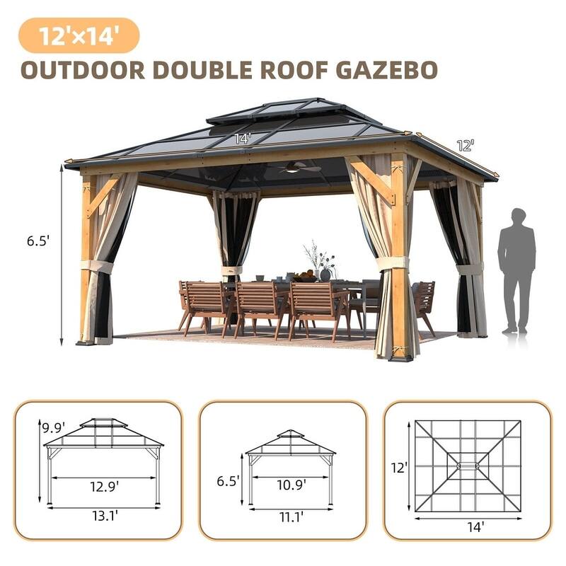Erommy Premium Wood Gazebo with Double Hardtop Roof, Durable, Elegant Outdoor Pergola for Backyard & Patio
