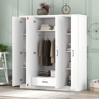 Modern Freestanding Floor Wardrobe for Bedroom, Armoire Closet High Storage Cabinet with Drawer, Shelves and Hanging Rail