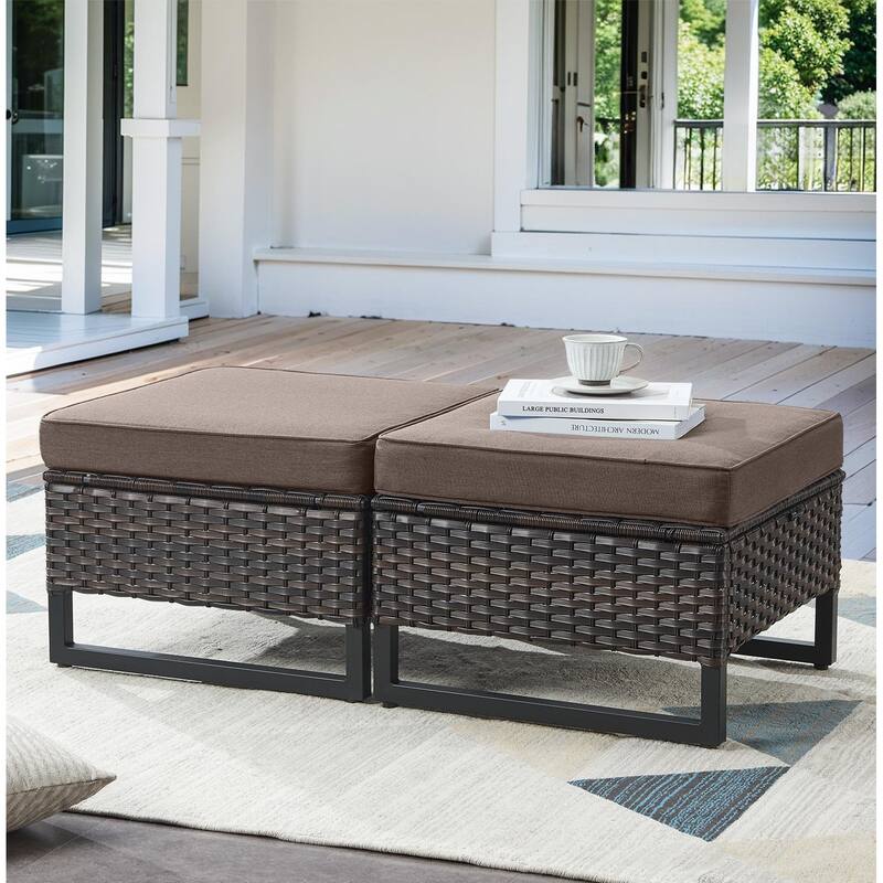2 Pieces Patio Rattan Ottomans - Brown - Grey