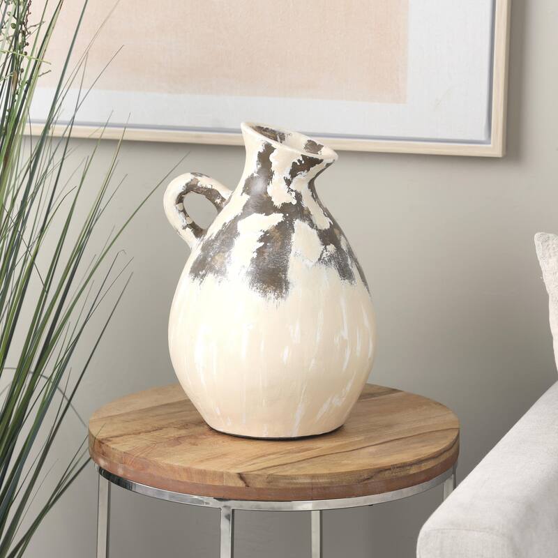 Ceramic Antique Style Pot Decorative Vase with Curved Handle - Cream - Roche River Decor