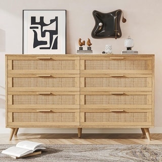 8 Double Dresser with Rattan Drawers, Wood Chest of Drawers for Kids Room