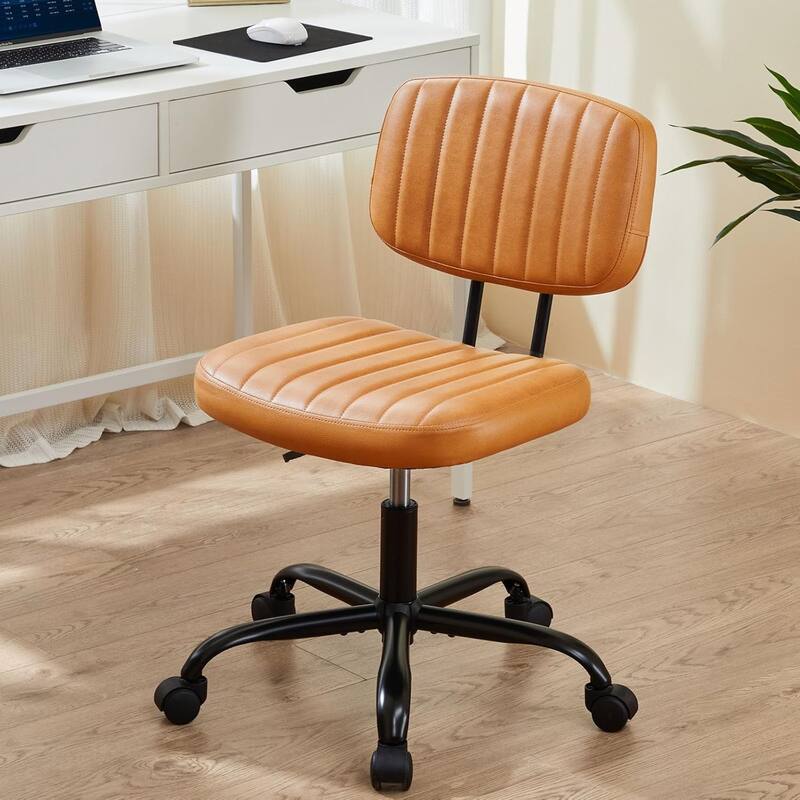Small Office Computer Desk Chair with Wheels and Lumbar Support, Comfy Cute Armlees PU Leather Vanity Rolling Swuvel Task Chair - Brown
