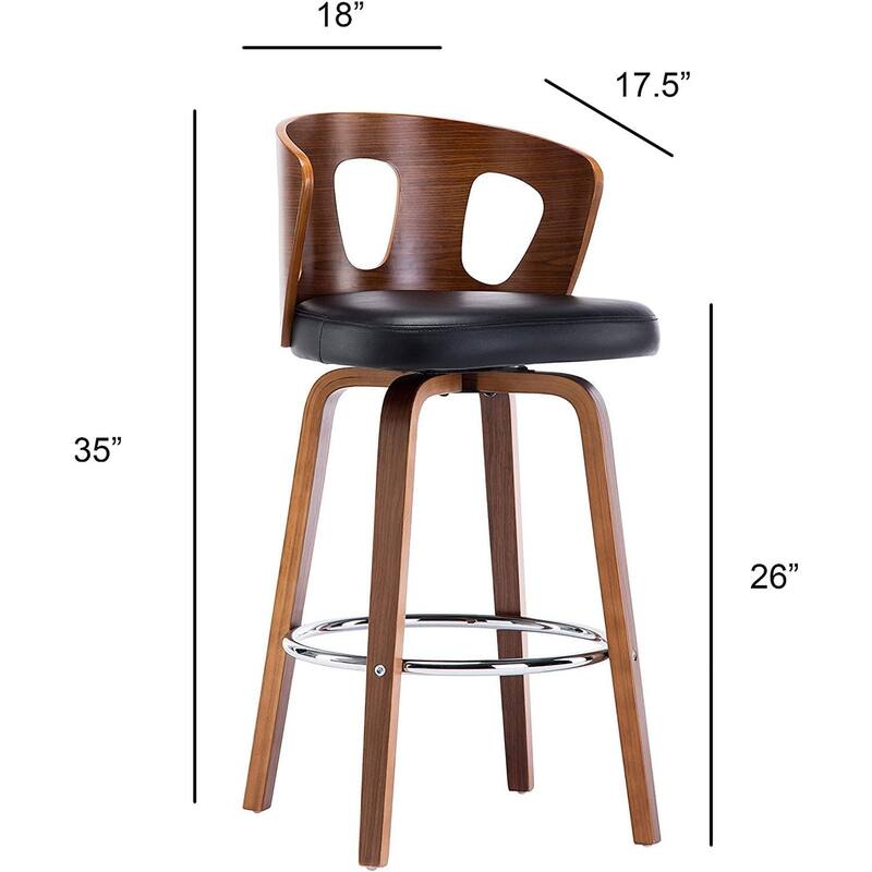 Wood and Black Faux Leather Mid-Century Modern Swivel Barstool with Decorative Back 26-Inch Seat Height