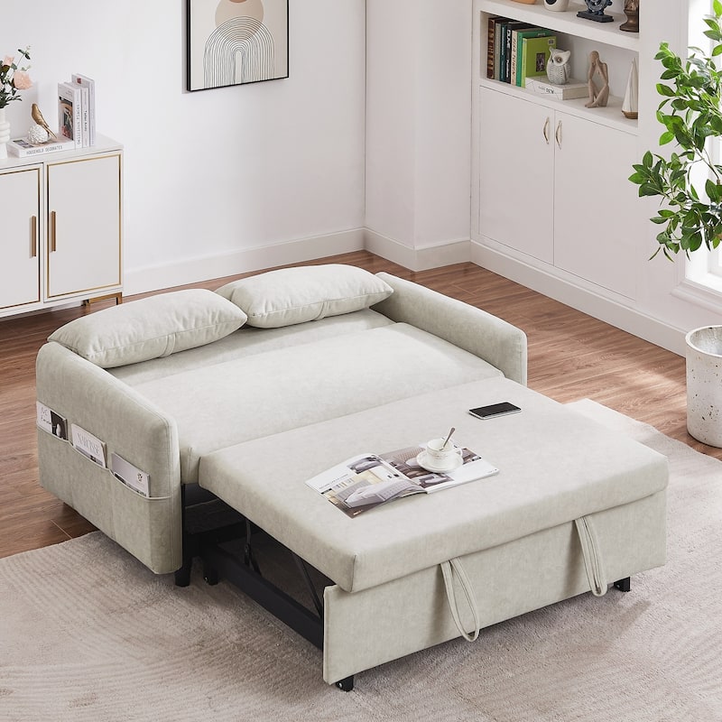 55.1" Pull Out Sleep Sofa Bed Loveseats Sofa Couch with Adjsutable Backrest, Storage Pockets, 2 Soft Pillows, USB Ports - Beige
