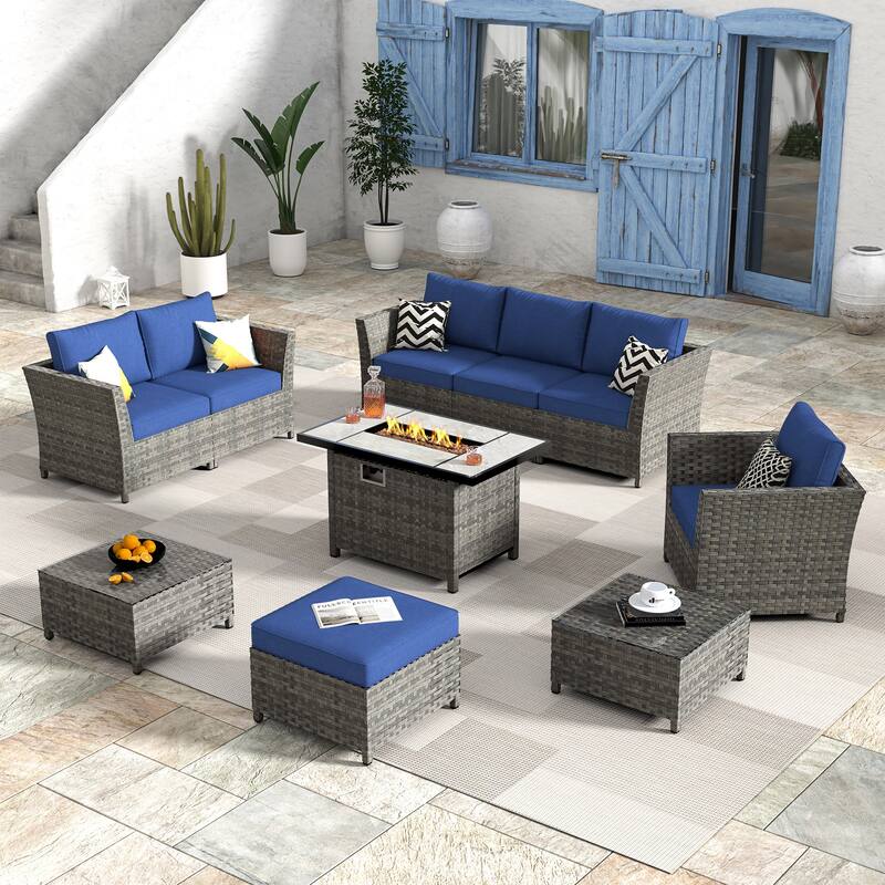 HOOOWOOO 10-piece Wicker Rattan Patio Furniture Sectional Set with Fire Pit - Navy Blue