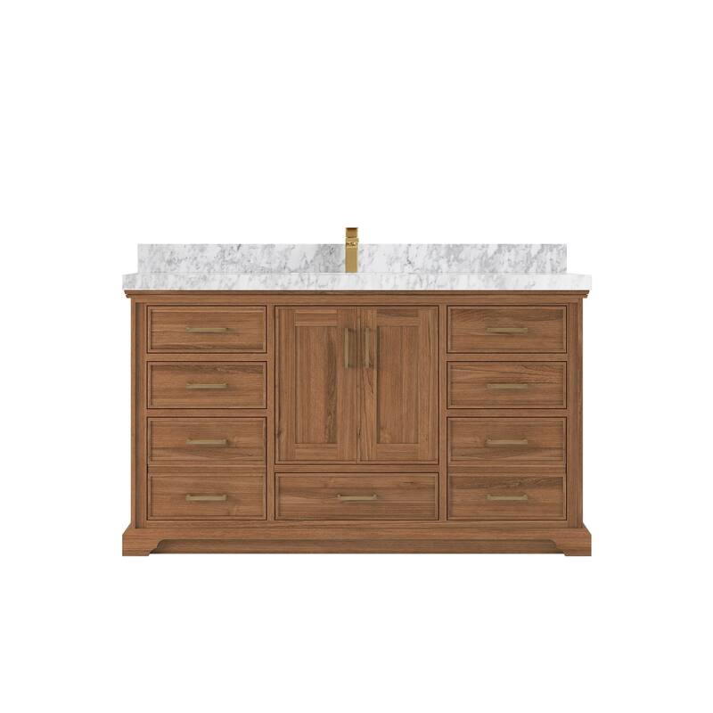 Willow Collections 60 in. W x 22 in. D Charlotte Teak Single Sink Bathroom Solid Teak Vanity with Countertop - 2”Carrara Marble - Dark Natural