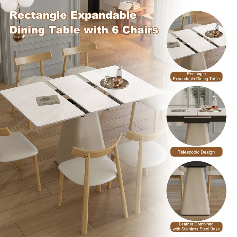 Roomfitters Retractable Rock Slab Dining Table Set, Modern Expandable Square Table with 6 Chairs, White