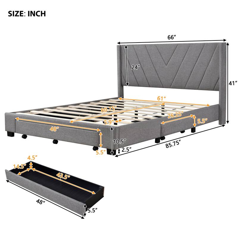 Storage Bed Linen Upholstered Platform Bed with 3 Drawers
