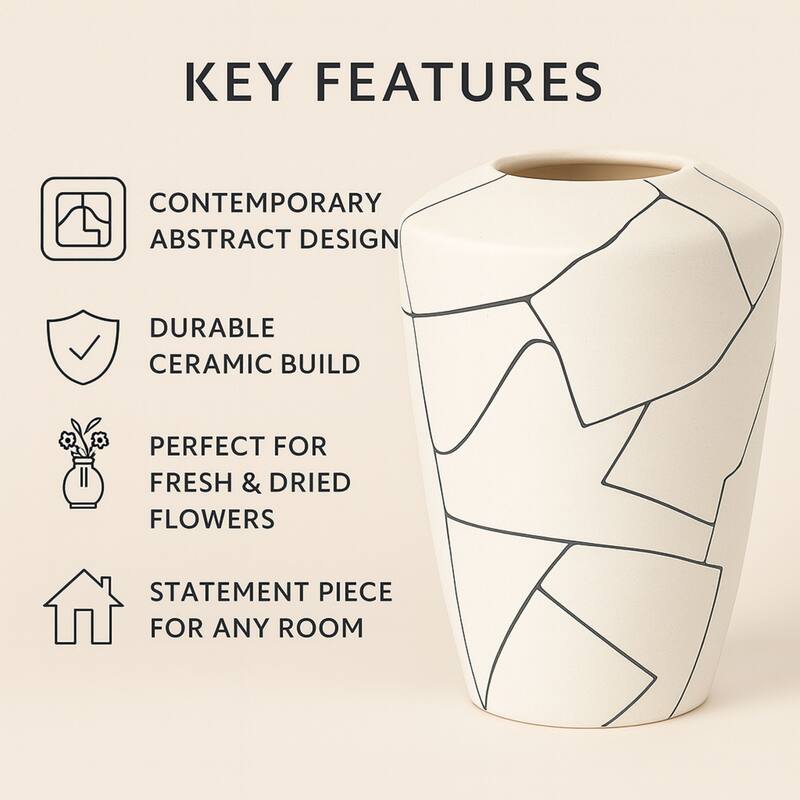 Modern Abstract Milky White Ceramic Vase with Black Line Design