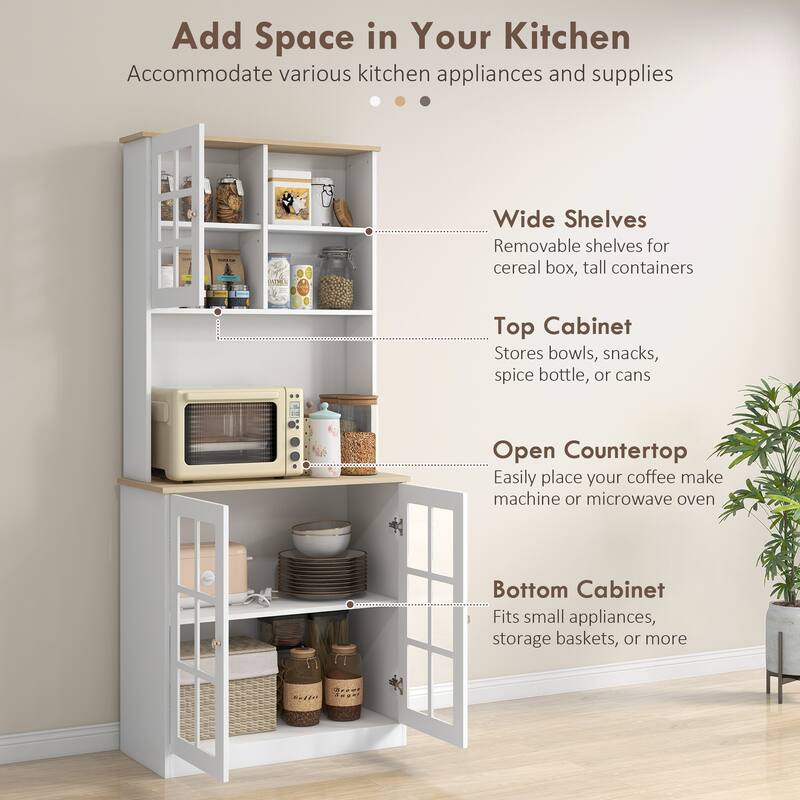 72" Freestanding Storage Cabinet with Hutch, Large Countertop, Glass Doors and Adjustable Shelves