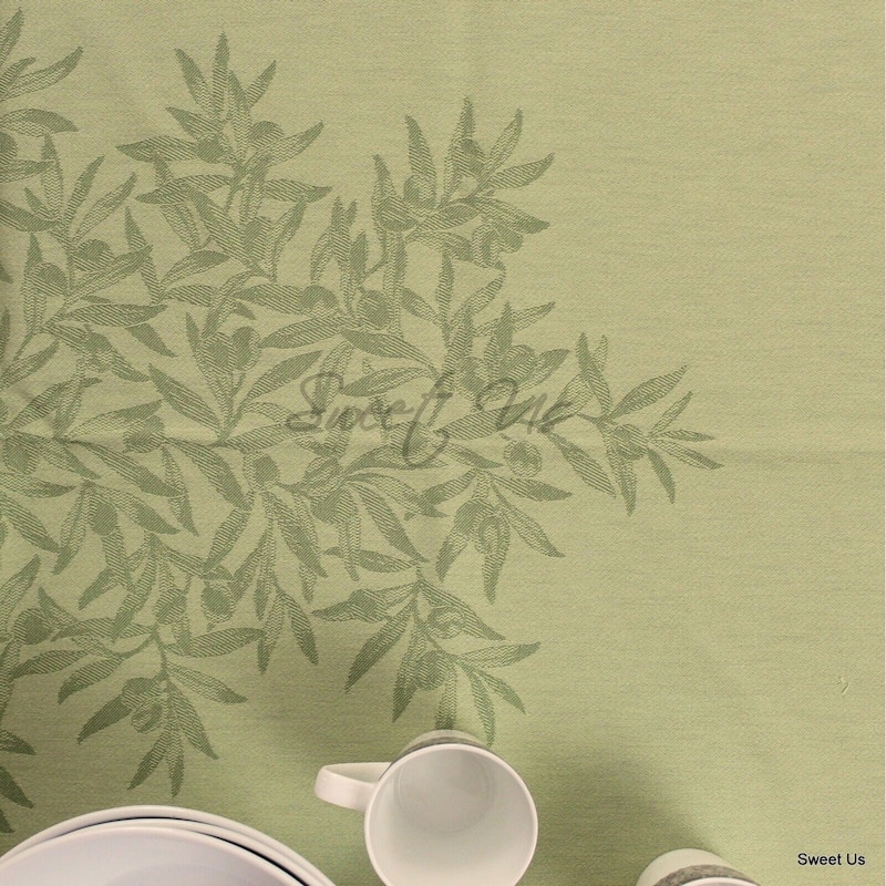 Wipeable Spill Resistant French Cotton Olive Jacquard Tablecloth