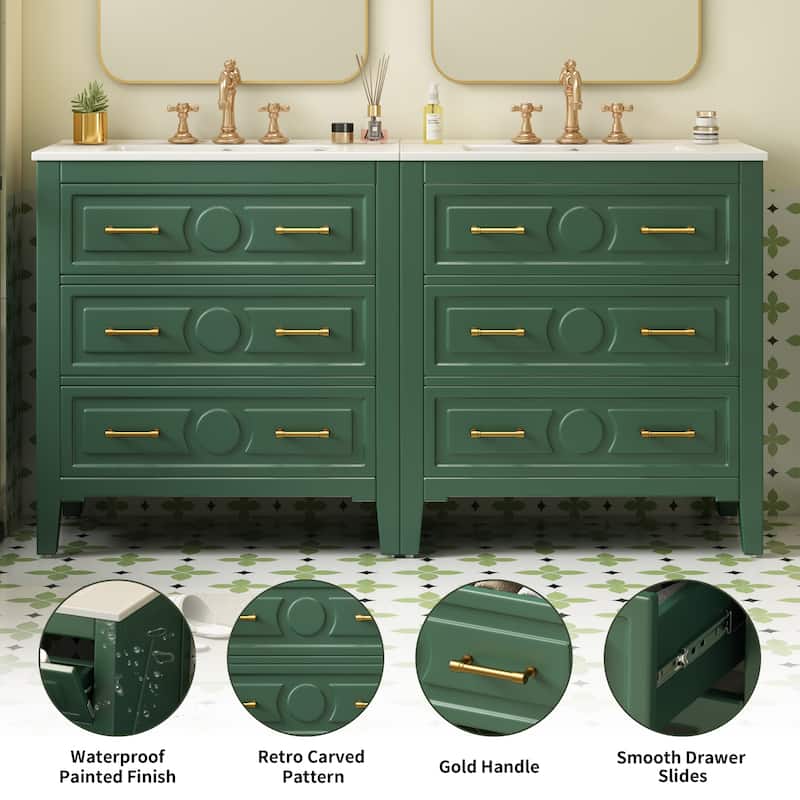 60 Inch Bathroom Vanity with Sink, Solid Wood Cabinet with Ceramic Basin, 3-Drawer Retro Style Storage