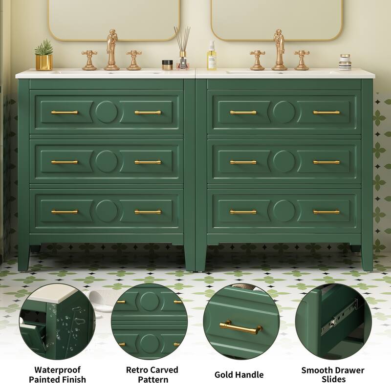 GDFStudio - Wellington Retro Freestanding Double Bathroom Vanity Set with Ceramic Sink and 3 Storage Drawers - 60'W