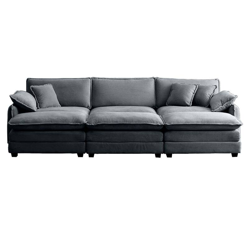 Grey 6-piece Corduroy Upholstered Modular Sleeper Sectional Sofa with 3 Removable Ottoman and 5 Pillows, Free Combination