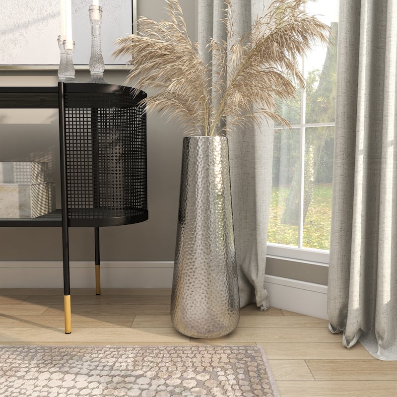 Silver Aluminum Metal Tall Hammered Vase - Silver - 9"W, 25"H
