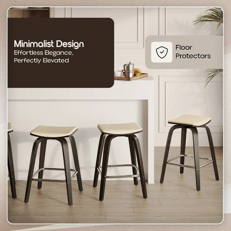 Pelya Leather Swivel Square Counter Stool with Wood Legs and Chrome Footrest for Kitchen Island or Dining Area Set of 2