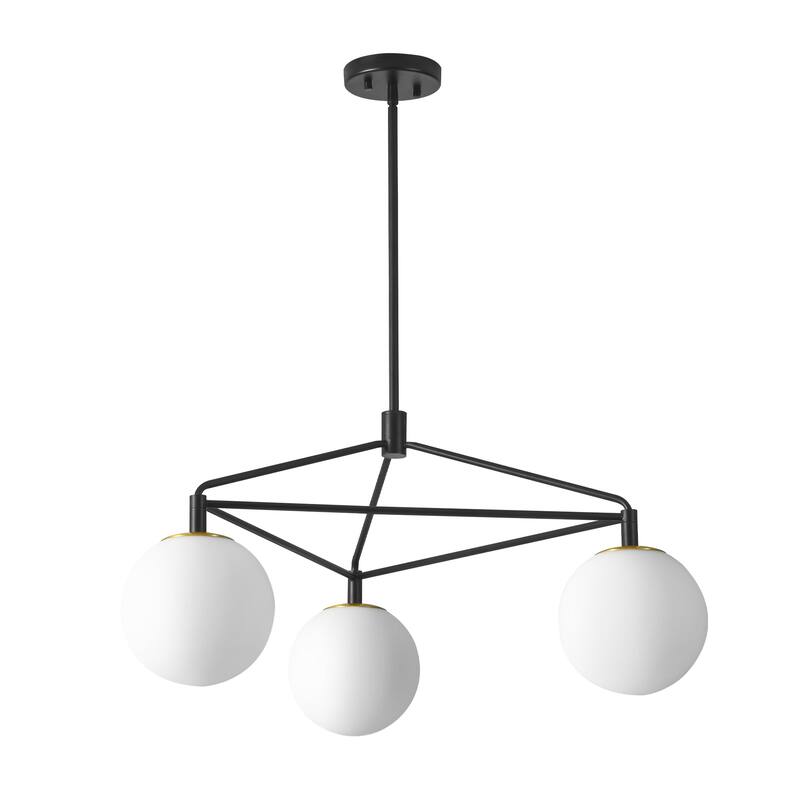 3-Light 30.7" W Modern Black Geometric Framework Design Metal Opal Bubble Glass Globe Chandelier for Bedroom, Living Room