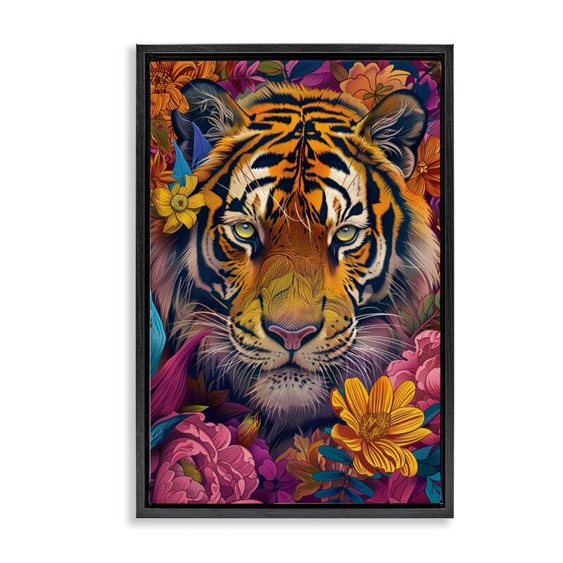 Stupell Peering Tiger Through Flowers Framed Floater Canvas Wall Art Design By LSR Design Studio - 21 x 31 - Black