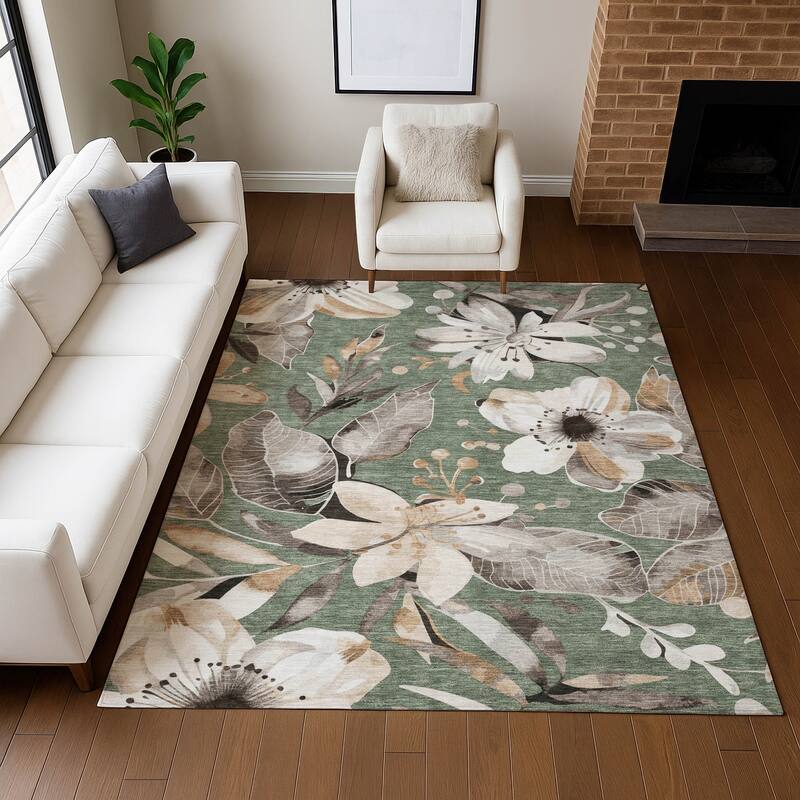 Machine Washable Indoor/ Outdoor Floral Chantille Rug
