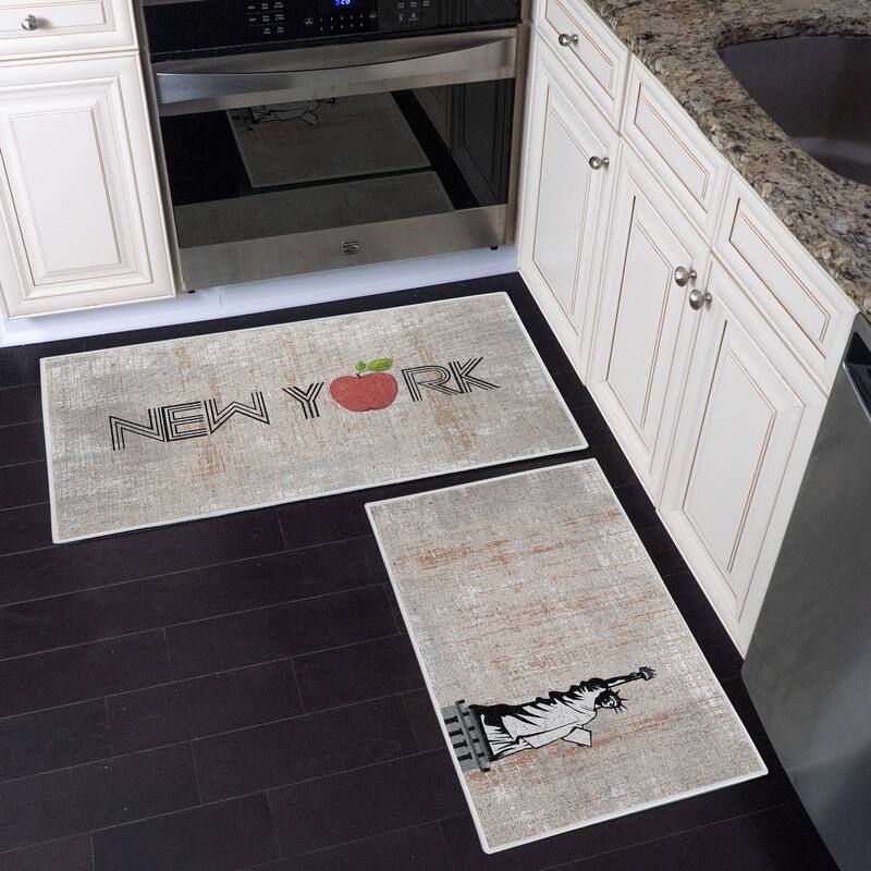 US States Design Non Skid Washable Kitchen Runner Rugs Set of 2 - Set of 44 x 24 and 31.5 x 20 Inches Low Pile Floor Mats - New York