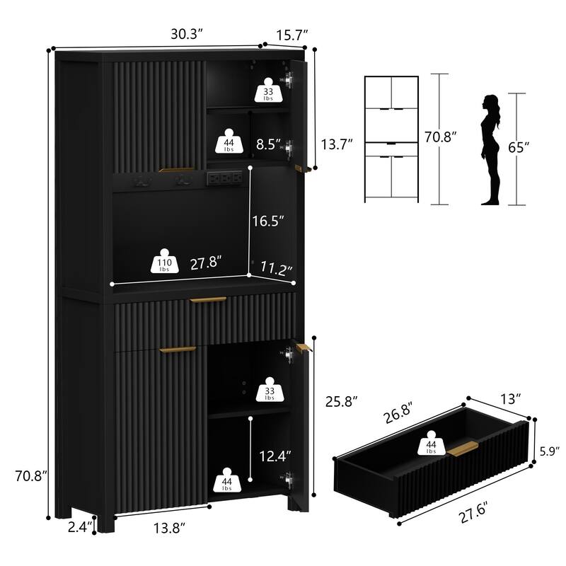 71"Pantry Storage Cabinet with Drawer, Charging Station and Open Countertop for Dining Living Room